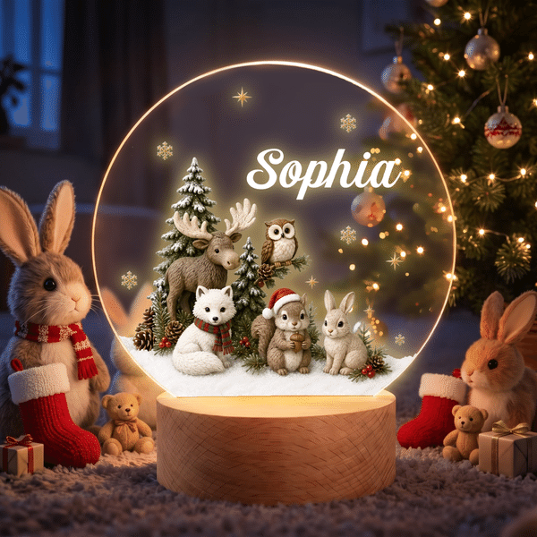 Personalised 3D-Style Artwork Woodland Animal LED Night Light with Name and Seven-Color Light Christmas Gift for Kids New Parents