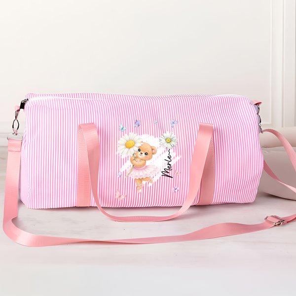Personalised Ballet Bear Birth Flower Seersucker Duffle Bag with Name Travel Essential Birthday Gift for Ballerina Girl