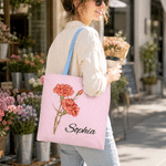 Personalisierte Vintage-Tragetasche mit Geburtsblume, Farbblöcken und Streifenmuster sowie Namenszug – für den täglichen Gebrauch, auf Reisen und als Geburtstagsgeschenk für Frauen und Freundinnen