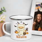 Personalised Halloween Cute Cartoon Bear 12 oz Enamel Mug with Name and Trick or Treat Halloween Party Gift for Kids Boys Girls