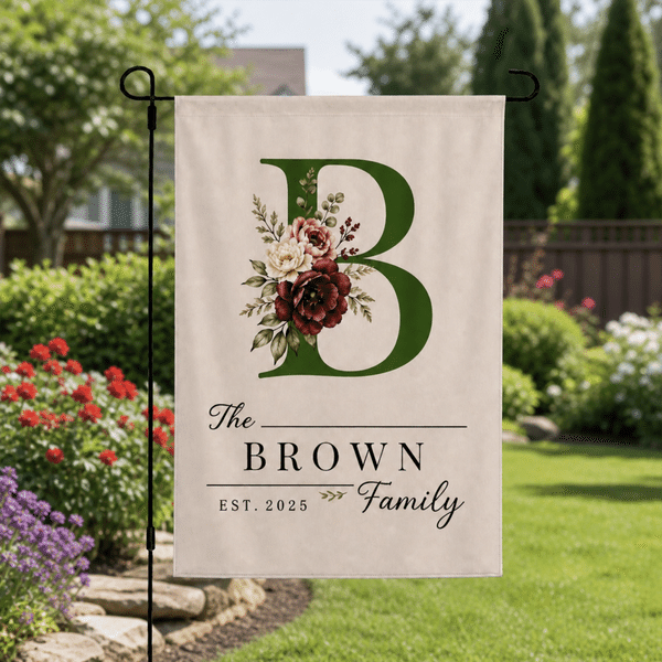 Personalized Flower Initial Garden Flag with Family Surname and Year Yard Porch Outdoor Decoration Housewarming Holiday Gift for Family Friends