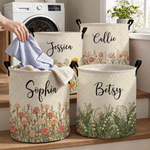 Panier à linge personnalisé de grande capacité, style matelassé, avec fleur de naissance, prénom et poignées – Décoration pour chambre d'enfant – Cadeau d'anniversaire pour enfants