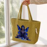 Borsa tote classica in velluto a coste con disegno personalizzato di fata e pietra natale, con nome; ideale per l'uso quotidiano e come regalo di compleanno per le amiche