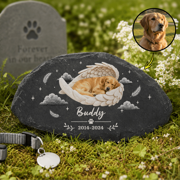 Personalised Angel Wings Pet Photo Garden Stone with Name and Year Memorial Sympathy Gift for Pet Owner Lover