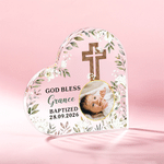 Personalised Kid Baptism Photo Cross God Bless Flower Heart-Shaped Acrylic Plaque with Name and Date Home Decor Baptism Catholic Gift for Newborn