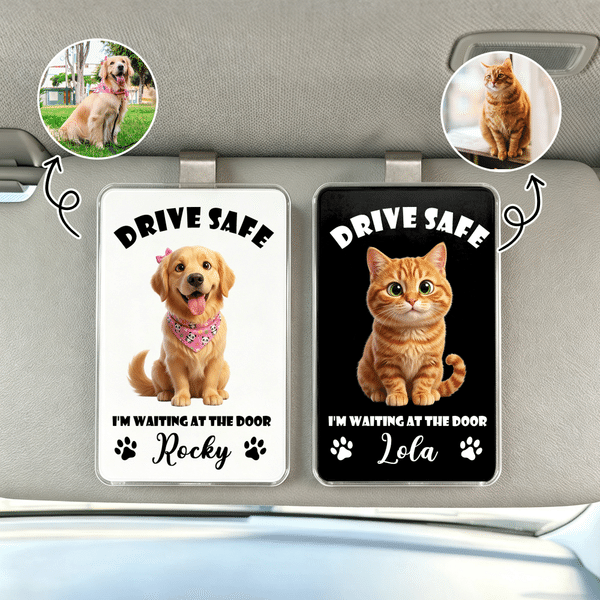 Clip personalizzata multicolore per visiera dell'auto con foto del proprio animale domestico in stile cartone animato, con nome e testo: accessorio per auto, regalo commemorativo in caso di perdita de