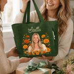 Personalised Birth Flower 3D-Effect Artwork Photo Large Capacity Corduroy Tote Bag with Name Anniversary Birthday Gift for Women Best Friend