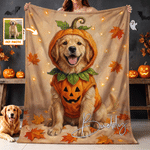 Coperta morbida personalizzata con foto del proprio animale domestico a tema Halloween “Fantasma di zucca”, con nome, decorazione festiva, regalo di Halloween per gli amanti degli animali