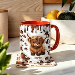 Personalized Cute Highland Cow Ceramic Coffee Mug with Name and Coaster Birthday Gift for Highland Cow Lover