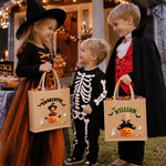 Personlig tygväska i jute med 3D-effekt och motiv av vampyr- och häxkaraktärer, med namn – Halloween-fest, ”Trick or Treat”-present för pojkar och flickor