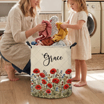 Panier à linge personnalisé de grande capacité, style matelassé, avec fleur de naissance, prénom et poignées – Décoration pour chambre d'enfant – Cadeau d'anniversaire pour enfants