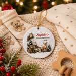 Decorazione natalizia in ceramica per l'albero di Natale con animali del bosco, realizzata con grafica personalizzata ad effetto 3D, con nome e anno: primo regalo di Natale per i neo-genitori