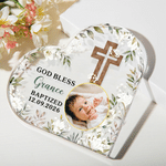 Personalised Kid Baptism Photo Cross God Bless Flower Heart-Shaped Acrylic Plaque with Name and Date Home Decor Baptism Catholic Gift for Newborn