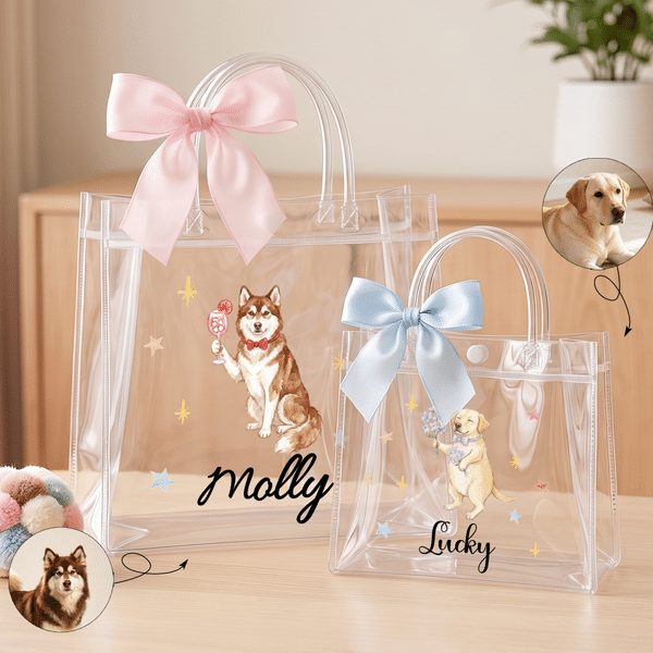 Personalised Cute Cartoon Pet Photo Pink Blue Ribbon Transparent Bag with Name Beach Party Travel Birthday Gift for Pet Owner Lover