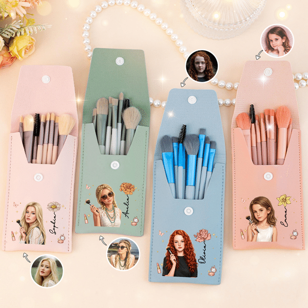 Personalised 3D-Style Character Artwork Photo & Birth Flower Makeup Brush Bag with Makeup Brushes Travel Essentials Birthday Gift for Women