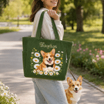 Personalised Cute Pet Photo Birth Flower Large Capacity Corduroy Tote Bag with  Name Birthday Anniversary Gift for Pet Owners