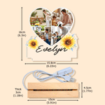 Veilleuse LED en acrylique personnalisée en forme de cœur fleuri avec collage de 4 photos, nom et socle – Cadeau d'anniversaire ou de Noël pour maman, enseignante ou nounou