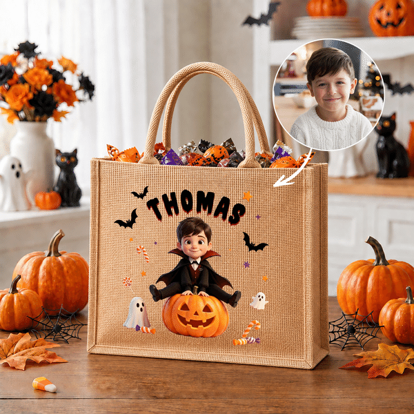 Personlig tygväska i jute med 3D-effekt och motiv av vampyr- och häxkaraktärer, med namn – Halloween-fest, ”Trick or Treat”-present för pojkar och flickor