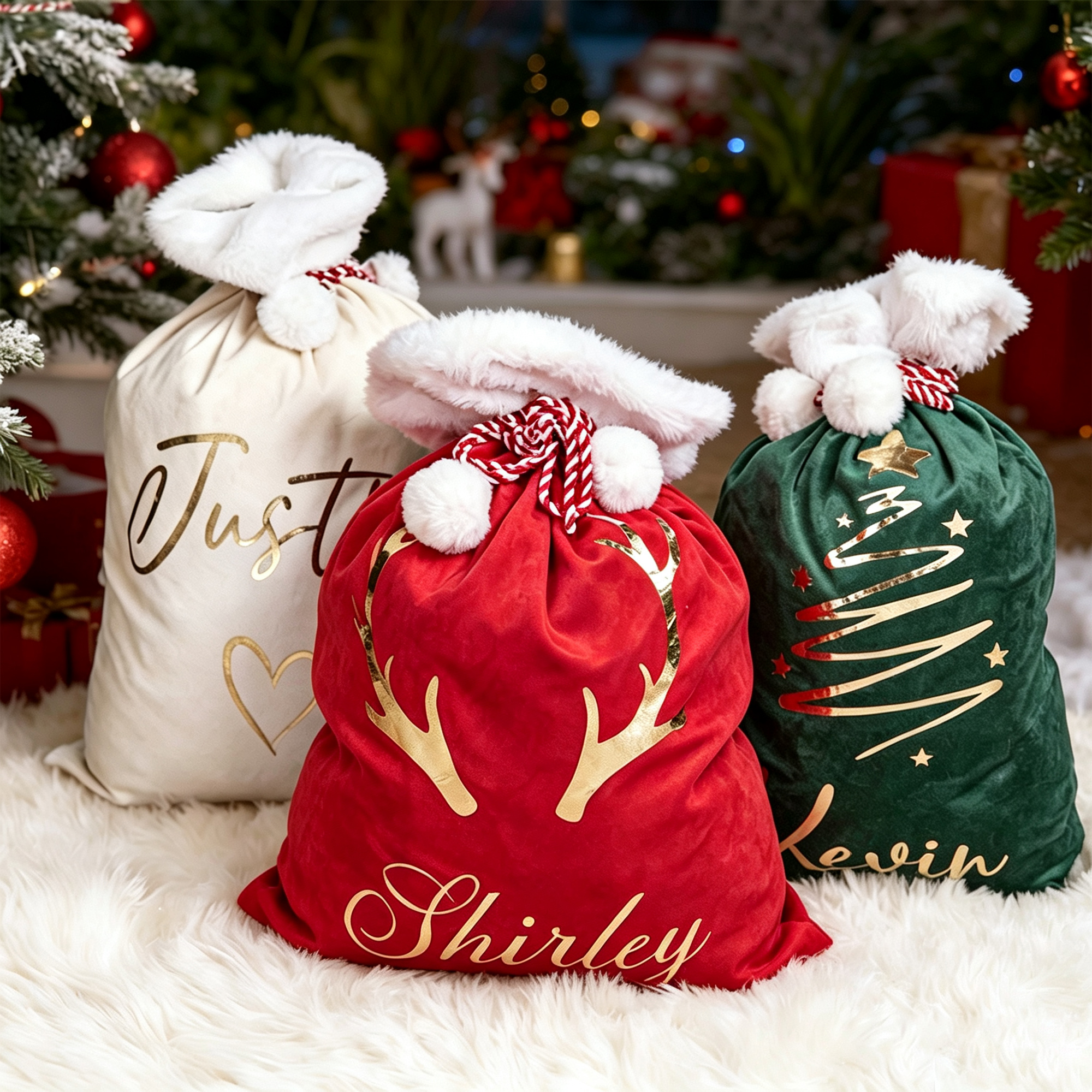 Personalisierter Samtsack mit Name und Bommel – Weihnachtsgeschenktüte mit großem Fassungsvermögen – Weihnachtsgeschenk für Kinder, Familie und Freunde
