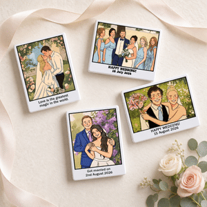 Aimant de réfrigérateur en céramique personnalisé avec portrait de personnage de bande dessinée sur le thème du mariage et texte – Cadeau d'anniversaire de mariage pour la mariée et le marié