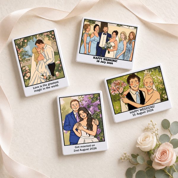 Iman de cerámica para la nevera con retrato personalizado de un personaje de dibujos animados a juego con la temática de la boda, con texto; regalo de aniversario de boda para los novios