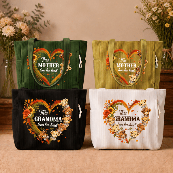 Personalised Cute Highland Cow Large Capacity Corduroy Tote Bag with 1-8 Names and Title Birthday Anniversary Gift for Mother Gran