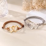 Personalised Double Hearts Adjustable PU Leather Bracelet with 1-4 Names Anniversary Birthday Gift for Her