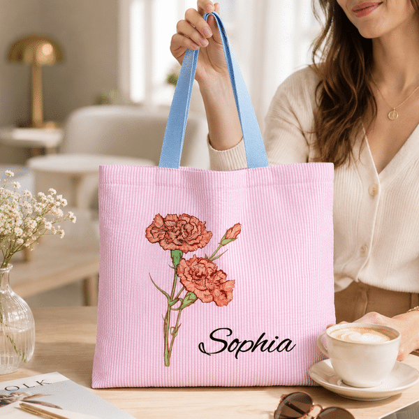 Personalised Vintage Birth Flower Colour Block Stripe Tote Bag with Name Daily Use Travel Birthday Gift for Women Friends