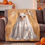 Coperta morbida personalizzata con foto del proprio animale domestico a tema Halloween “Fantasma di zucca”, con nome, decorazione festiva, regalo di Halloween per gli amanti degli animali