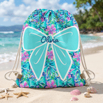 Personalized Coquette Bow Floral Microfiber Drawstring Bag with Name Travel Beach Use Birthday Summer Vacation Gift for Kids Family