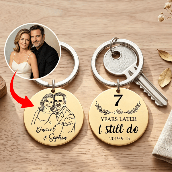Personalized Line Drawing Photo Double-Sided Keychain with Name Year and Date Wedding Anniversary Birthday Gift for Couple Wife Husband