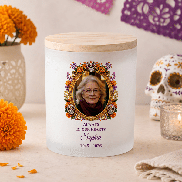 Personalised Sugar Skull Marigold Photo Memorial Candle Holder with Name Year and LED Candle Day of the Dead Gift for Loss of Loved Ones