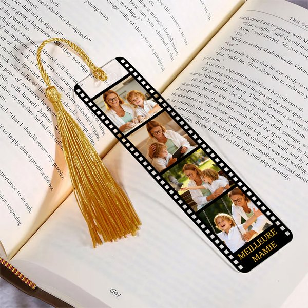 Marque-page en acrylique personnalisé avec 4 photos de film et texte - Cadeau d'anniversaire pour couple famille et amoureux des livres