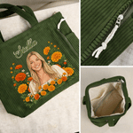 Personalised Birth Flower 3D-Effect Artwork Photo Large Capacity Corduroy Tote Bag with Name Anniversary Birthday Gift for Women Best Friend