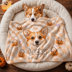 Manta a cuadros para mascotas con foto personalizada de tu mascota en acuarela, con su nombre y un suave reverso de lunares. Decoración para el hogar y regalo de Halloween para los dueños de mascotas.