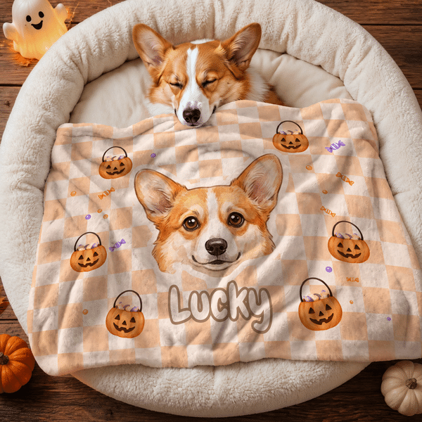 Coperta a quadretti personalizzata con foto del proprio animale domestico dipinta ad acquerello, con nome e morbido retro a pois: decorazione per la casa e regalo di Halloween per i proprietari di ani