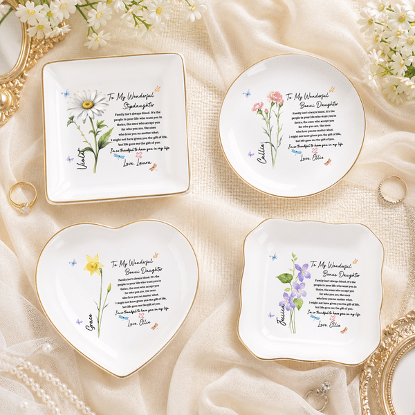 Personalized Watercolor Birth Flower Golden Rim Ceramic Trinket Jewelry Dish with Text and Name Home Decor Birthday Gift for Bonus Daughter Friend