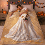 Coperta morbida personalizzata con foto del proprio animale domestico a tema Halloween “Fantasma di zucca”, con nome, decorazione festiva, regalo di Halloween per gli amanti degli animali