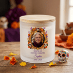 Personalised Sugar Skull Marigold Photo Memorial Candle Holder with Name Year and LED Candle Day of the Dead Gift for Loss of Loved Ones
