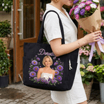 Personalised Birth Flower 3D-Effect Artwork Photo Large Capacity Corduroy Tote Bag with Name Anniversary Birthday Gift for Women Best Friend