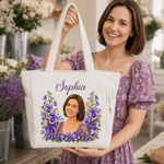 Personalised Birth Flower 3D-Effect Artwork Photo Large Capacity Corduroy Tote Bag with Name Anniversary Birthday Gift for Women Best Friend