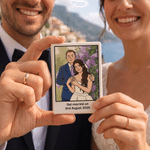 Iman de cerámica para la nevera con retrato personalizado de un personaje de dibujos animados a juego con la temática de la boda, con texto; regalo de aniversario de boda para los novios