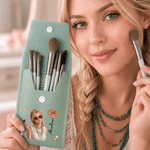 Personalised 3D-Style Character Artwork Photo & Birth Flower Makeup Brush Bag with Makeup Brushes Travel Essentials Birthday Gift for Women
