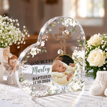 Personalised Kid Baptism Photo Cross God Bless Flower Heart-Shaped Acrylic Plaque with Name and Date Home Decor Baptism Catholic Gift for Newborn