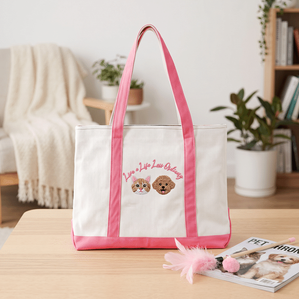 Personalised Multicolour Embroidery 1-3 Dog Cat Photos Hearth Paw Icon Canvas Tote Bag with Name Birthday Memorial Gift for Pet Lovers