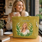 Personalised Birth Flower 3D-Effect Artwork Photo Large Capacity Corduroy Tote Bag with Name Anniversary Birthday Gift for Women Best Friend