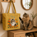 Personalised Cute Pet Photo Birth Flower Large Capacity Corduroy Tote Bag with  Name Birthday Anniversary Gift for Pet Owners