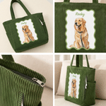 Personalized Watercolor Pet Photo Large Capacity Corduroy Tote Bag with Name Daily Use Travel Birthday Gift for Pet Owner Lover