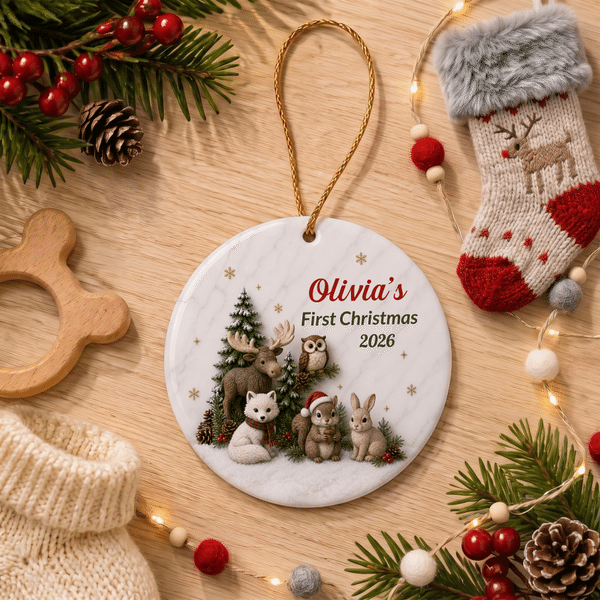 Decorazione natalizia in ceramica per l'albero di Natale con animali del bosco, realizzata con grafica personalizzata ad effetto 3D, con nome e anno: primo regalo di Natale per i neo-genitori