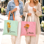 Personalisierte Vintage-Tragetasche mit Geburtsblume, Farbblöcken und Streifenmuster sowie Namenszug – für den täglichen Gebrauch, auf Reisen und als Geburtstagsgeschenk für Frauen und Freundinnen